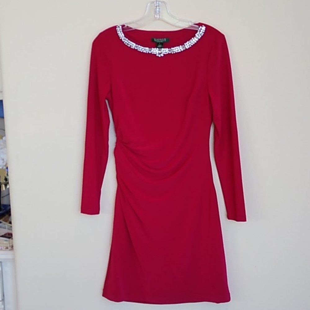 Ralph Lauren red jersey dress , rhinestone embellished neckline